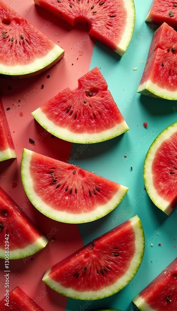 Fresh watermelon slices arranged in a colorful geometric design, red, green, dessert Fresh watermelon slices arranged in a colorful geometric design, red, green, dessert