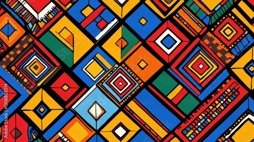 Abstract South African pattern with traditional Zulu beadwork motifs, bold lines, and diamond shapes in vivid reds, blues, yellows, and greens, reflecting African heritage