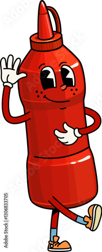 Groovy fast food ketchup bottle character. Isolated cartoon vector retro, funky personage. Funny vintage hippie condiment in red plastic container. Catsup or tomato sauce with nostalgic hippie vibe.