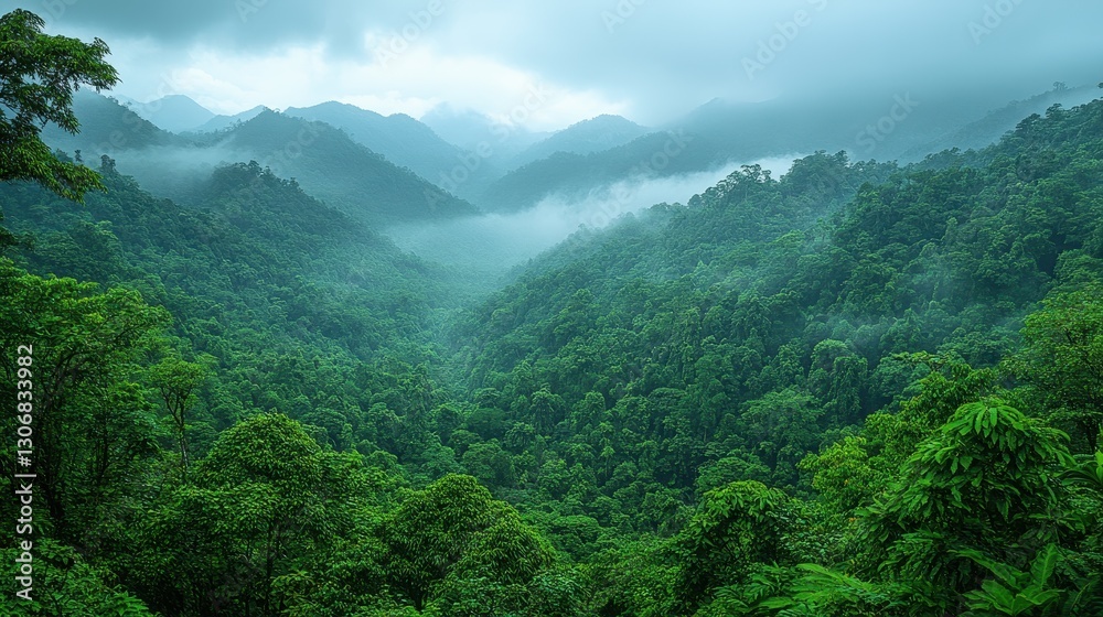 Fototapeta premium Misty mountain valley lush rainforest; nature background