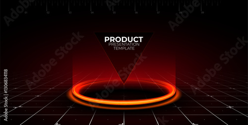 Red neon glowing ring on floor. Circle podium or teleport. Futuristic product stand for gaming accessories. Red futuristic hi-tech background for display technology product. Editable vector template.