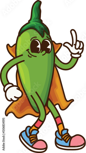 Groovy cartoon jalapeno pepper character as Halloween wizard, vector Mexican Tex Mex food. Groovy jalapeno pepper with happy smile and funky face in wizard mantle for Halloween holiday funny character