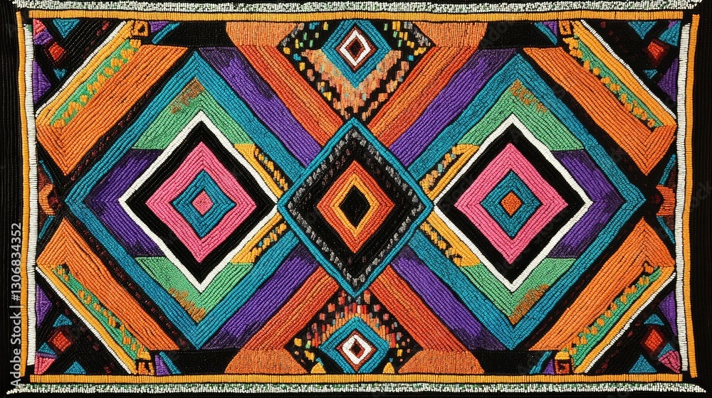 Authentic Zulu-inspired geometric textile design with bright zigzags and diamonds, reflecting South African craftsmanship and the beauty of traditional beadwork Authentic Zulu-inspired geometric textile design with bright zigzags and diamonds, reflecting South African craftsmanship and the beauty of traditional beadwork