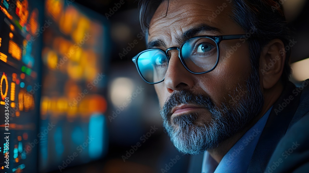 Focused Professional Analyzing Data on a Computer Screen in a Dimly Lit Room Focused Professional Analyzing Data on a Computer Screen in a Dimly Lit Room