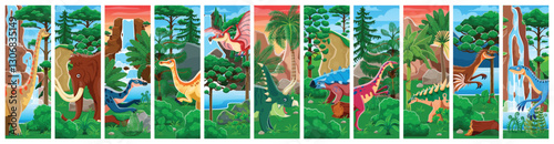 Prehistoric dinosaurs, lizards and reptiles collage of Jurassic era animals in jungle forest, vector background. Funny cartoon ice age mammoth, giant lizards and dinosaurs collage for kids dino park