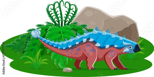 Dinosaur or prehistoric lizard Ankylosaurus, dino animal character, cartoon vector. Jurassic or Cretaceous era Ankylosaurus dinosaur of armored species for kid paleontology or prehistoric encyclopedia