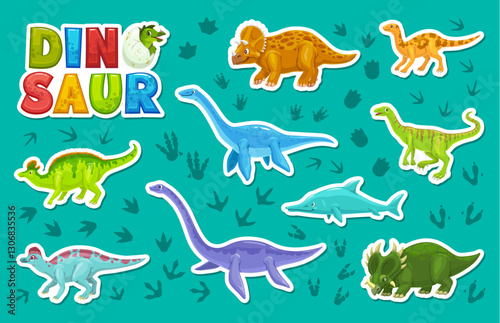 Prehistoric dinosaur, water dino animal and reptile characters stickers pack on vector background of dinosaur footprints. Cartoon cute velociraptor, plesiosaurs, elasmosaurus and dryosaurus stickers