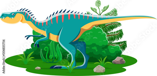 Dubreuillosaurus prehistoric dinosaur character. Ancient animal Genus of theropods from the middle jurassic period. Isolated cartoon vector carnivore reptile dino next to greenery and ferns formation