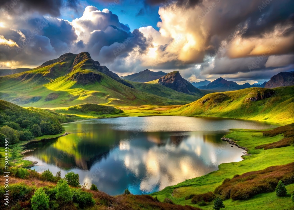 Obraz premium Stunning panoramic view of Loch Sheanta, Skye's breathtaking Highland lake.