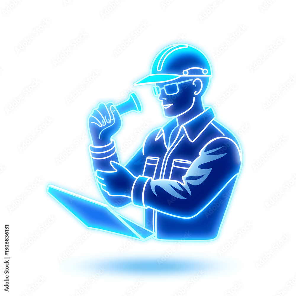 Engineer blueprint holographic 3D icon. neon symbol vector illustration isolated on white background. Generative AI Engineer blueprint holographic 3D icon. neon symbol vector illustration isolated on white background. Generative AI