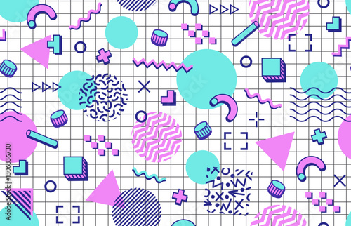 Abstract geometric color Memphis seamless pattern. 80s 90s hipster backdrop with colorful shapes and elements on checkered page. Vector background with surreal figures, lines, dots, triangles or waves