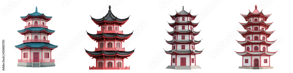 Striking Traditional Japanese Pagoda Architecture in Red and White Colors Ornate Decorative Multi Tiered Roof Structure with Oriental Design and Heritage Striking Traditional Japanese Pagoda Architecture in Red and White Colors Ornate Decorative Multi Tiered Roof Structure with Oriental Design and Heritage