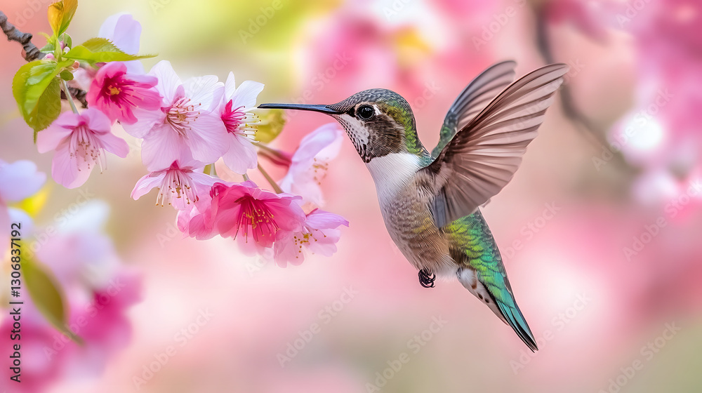 Naklejka premium Hummingbird Feeding: A vibrant hummingbird sips nectar from pink blossoms in a moment of natural beauty.