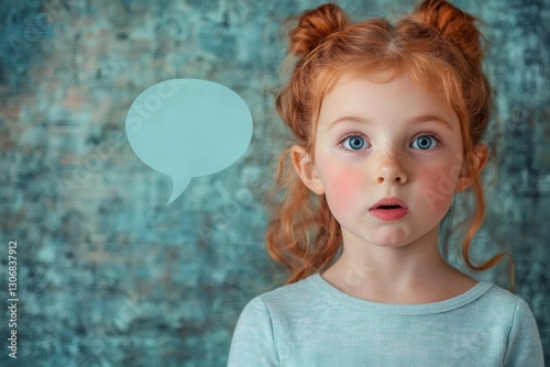 Redhead child expressing surprise with speech bubble on textured background