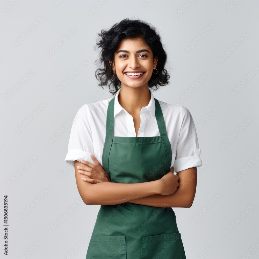 An indian woman wearing white linen shirt with a dark green apron clothing apparel female. An indian woman wearing white linen shirt with a dark green apron clothing apparel female.