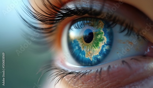 Close-up of eye with map of Earth inside. The image symbolizes global connection and environmental awareness. Blue iris reflects planet, nature, future vision of ecology, hope and sustainability. photo