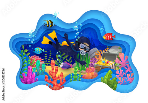 Kid diver with treasure chest at sea underwater landscape, vector paper cut. Kid diver in aqualung diving in ocean undersea for treasure chest with gold and jewels in paper cut tropical underwater