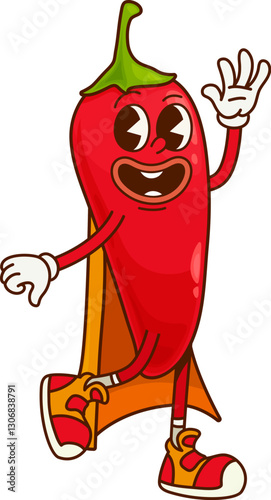 Groovy chili pepper superhero character or vegetable in super power cape, cartoon vector. Funny groovy red chili pepper superhero in rescue ranger mantle cape and happy face as cartoon character