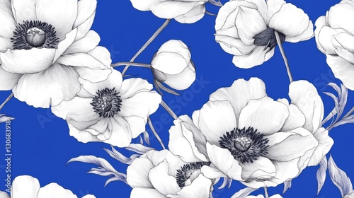 Seamless pattern with white flowers with black centers, sketch style on blue background. Concept of elegance and nature