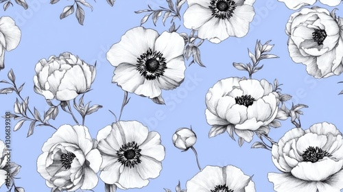 Seamless pattern with white flowers with black centers, sketch style on blue background. Concept of elegance and nature