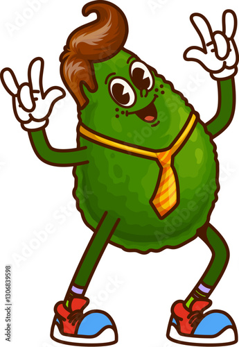 Groovy avocado character with funny face and funky fingers gesture, vector retro cartoon. Groovy avocado character with gentleman haircut and tie happy smiling with cool gesture in hipster shoes