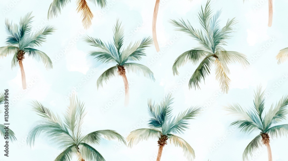 Seamless pattern with palm trees in watercolor style on light blue background. Concept of tropical summer Seamless pattern with palm trees in watercolor style on light blue background. Concept of tropical summer