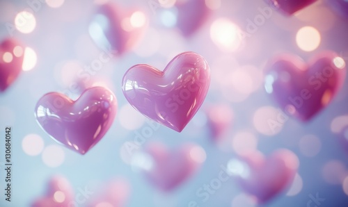 Soft pink hearts floating against a pastel background, softly lit to create a romantic and whimsical mood