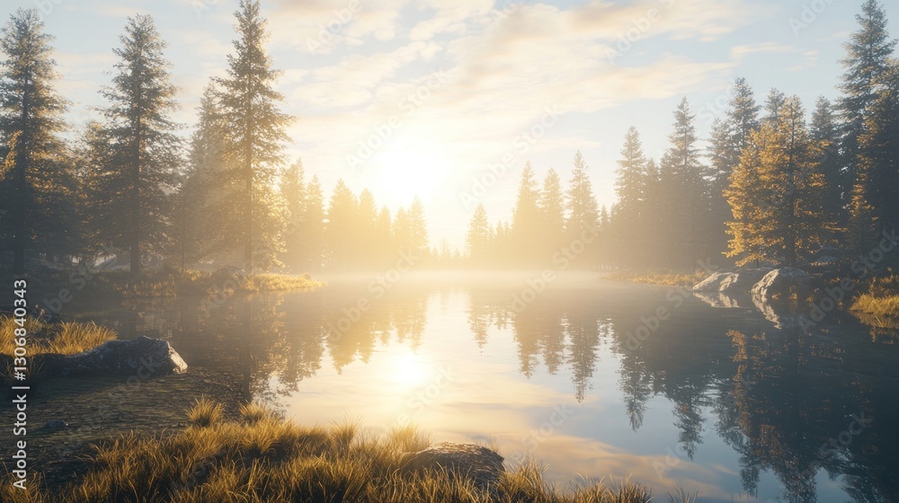 Fototapeta premium Misty sunrise over tranquil lake in pine forest.