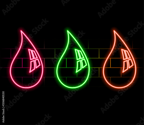 Blue and pink color glowing neon line Oil drop and water drop icon isolated on black background. illustration background..2