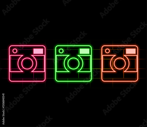 Glowing neon line Photo camera icon isolated on brick wall background. Foto camera icon. Colorful outline concept. Vector.2