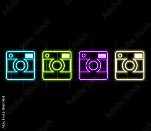 Glowing neon line Photo camera icon isolated on brick wall background. Foto camera icon. Colorful outline concept. Vector.3