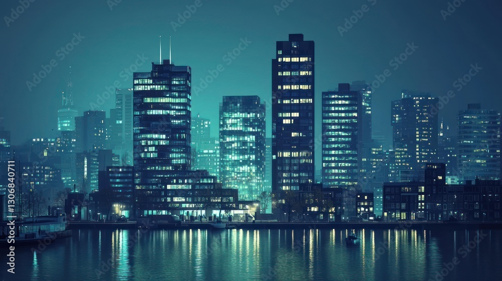 Fototapeta premium Night cityscape, illuminated skyscrapers reflected in calm water.