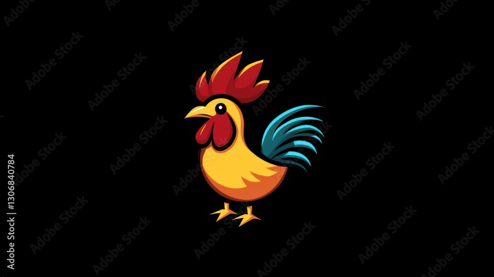 Fototapeta premium Cartoon Rooster, Farm Animal, Black Background, Illustration, Website Icon