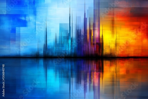 A geometric depiction of a polluted cityscape in abstract, muted colors