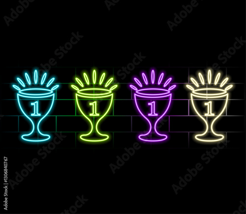 Neon icons, award, reward. Set of red, blue, yellow neon vector icon.3