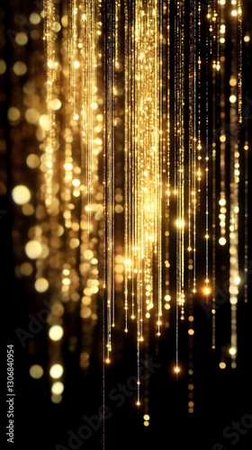 Golden shimmering lights against black, glittering background vertical view