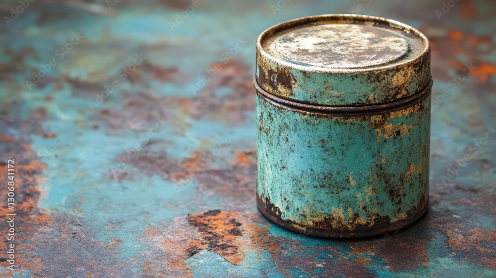 Antique Turquoise Metal Container with Weathered Texture and Rustic Charm Antique Turquoise Metal Container with Weathered Texture and Rustic Charm
