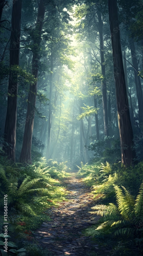 Scenic Pine Forest Path with Green Trees and Lush Vegetation Scenic Pine Forest Path with Green Trees and Lush Vegetation