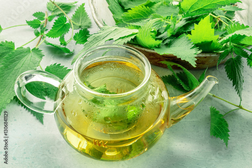 Nettle tea. Medicinal herbal tea with Urtica leaves. Fresh wild herb, a tea pot and the freshly harvested plant matter