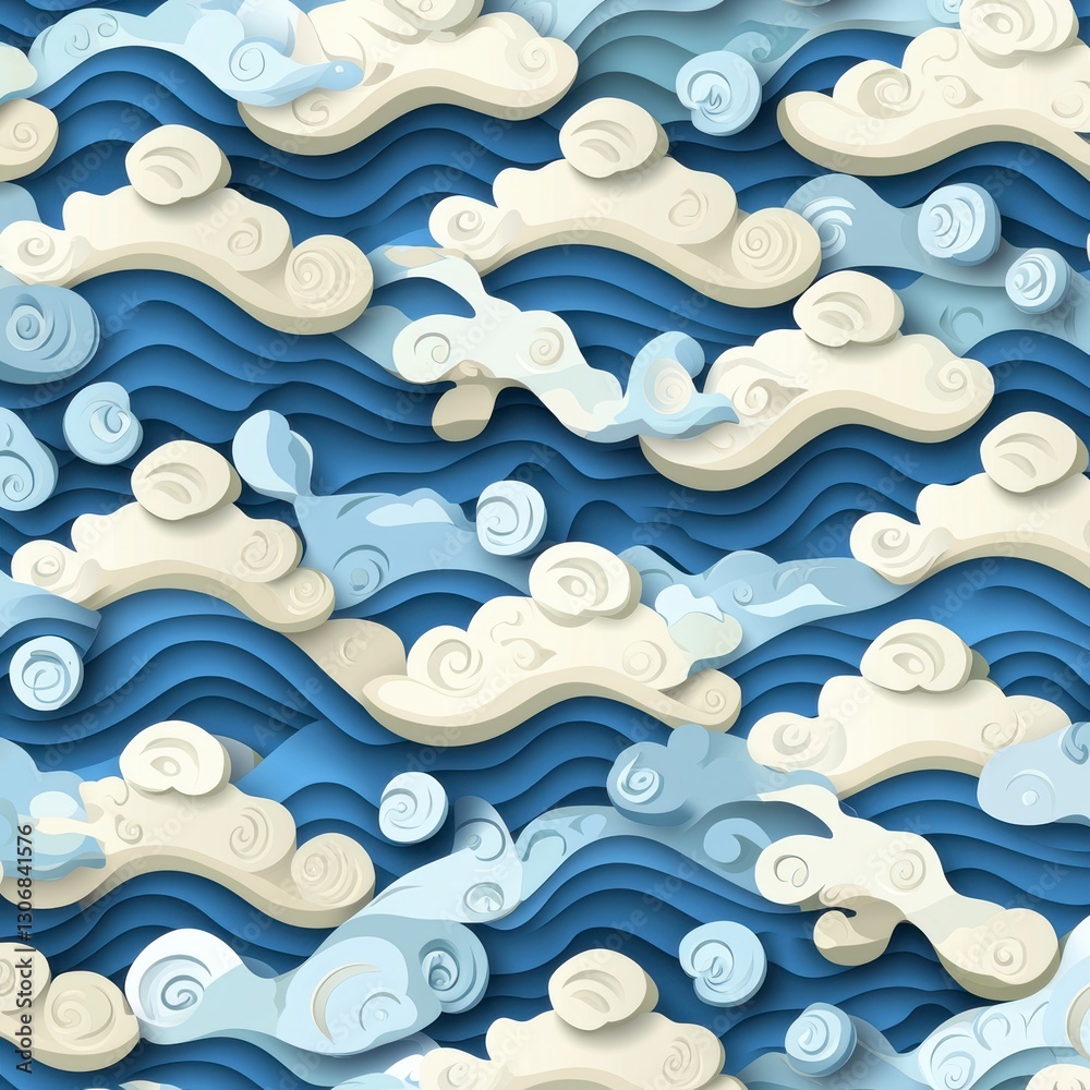 Abstract Paper Cut Waves and Clouds Seamless Pattern Abstract Paper Cut Waves and Clouds Seamless Pattern