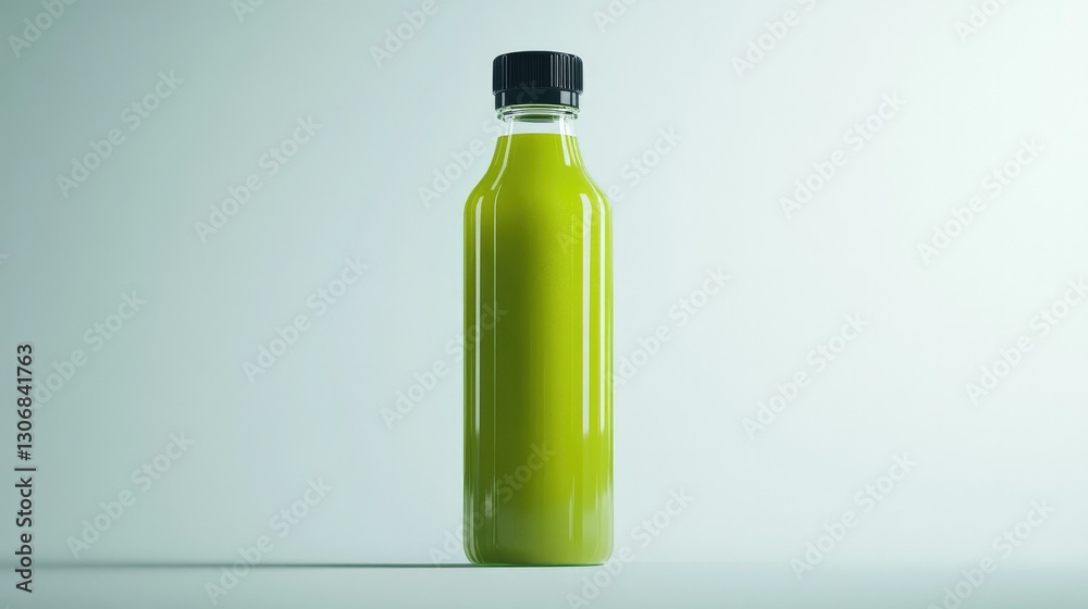 Minimalist design of a transparent juice bottle, securely capped and filled with fresh green apple juice. Isolated on a clean white background Minimalist design of a transparent juice bottle, securely capped and filled with fresh green apple juice. Isolated on a clean white background
