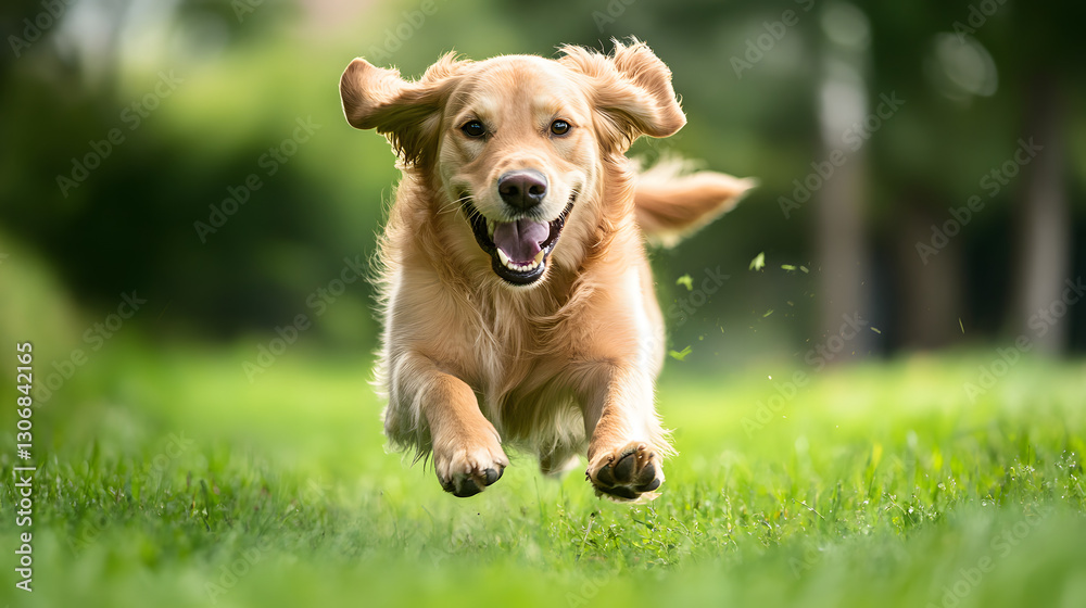 Joyful golden retriever leaps through green grass, ears flying, radiating happiness and pure canine energy. Joyful golden retriever leaps through green grass, ears flying, radiating happiness and pure canine energy.