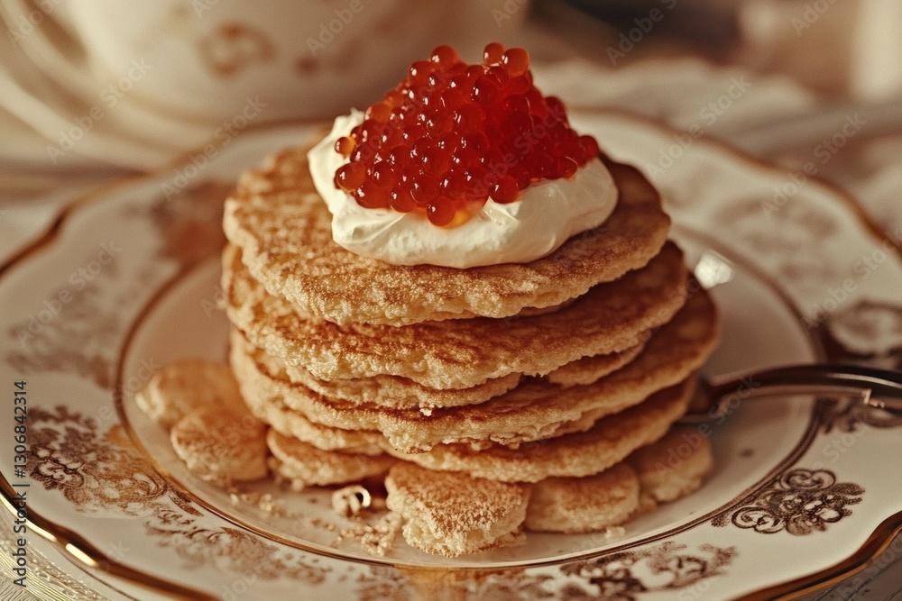 Delicious stack of pancakes topped with cream and caviar presented on an elegant plate in a cozy setting Generative AI Delicious stack of pancakes topped with cream and caviar presented on an elegant plate in a cozy setting Generative AI