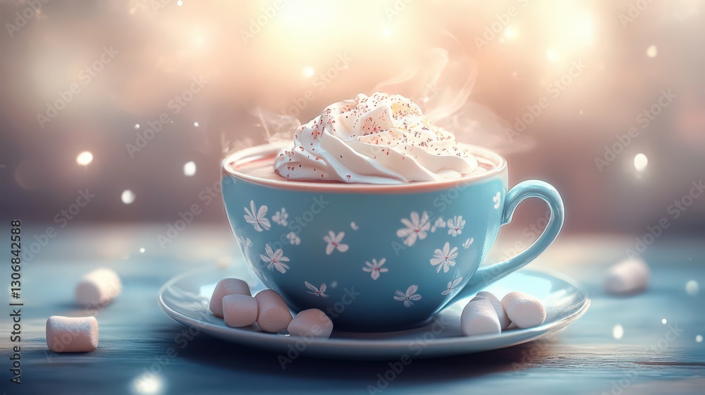 Fototapeta premium Whimsical floral teacup filled with creamy hot chocolate and marshmallows