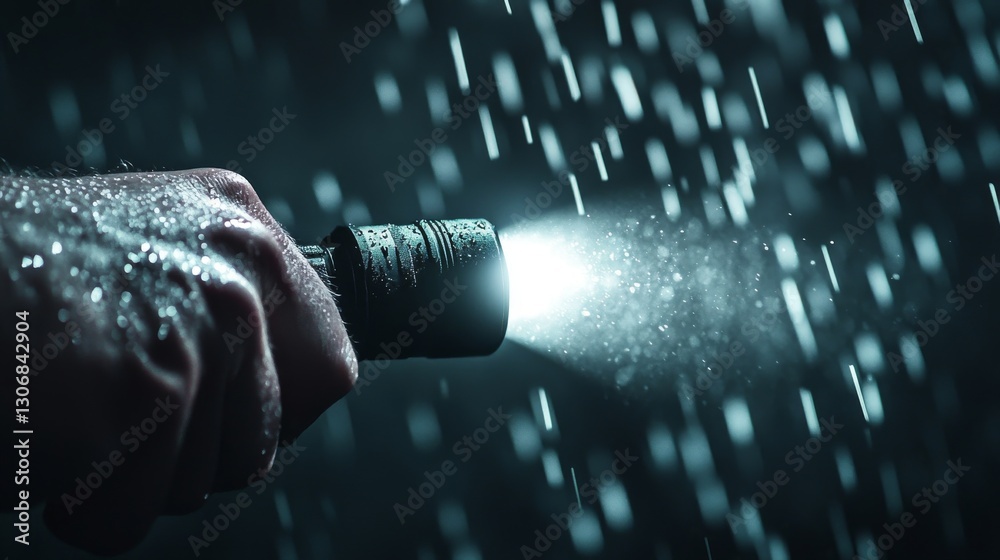 Fototapeta premium Hand gripping a flashlight in a rainstorm, illuminating the dark surroundings and creating a powerful visual contrast.