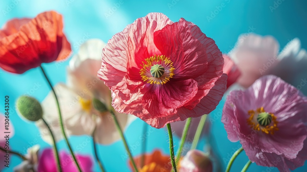 Obraz premium Romantic bouquet of red and pink poppies in soft natural light, with a vibrant turquoise backdrop