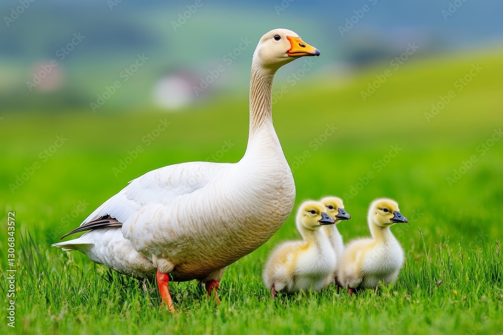 A goose leading a line of fluffy goslings across a green meadow A goose leading a line of fluffy goslings across a green meadow