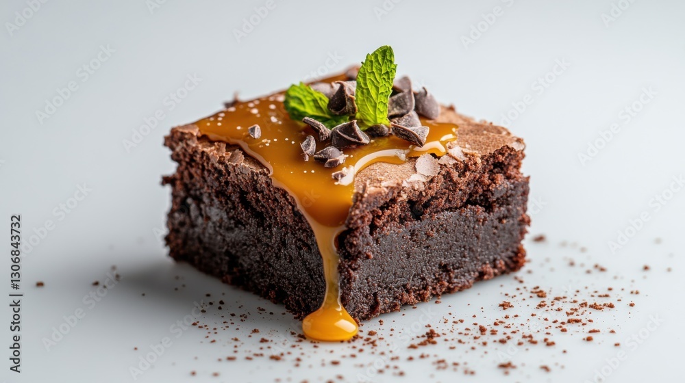 Indulging in decadent chocolate brownie dessert with caramel sauce gourmet kitchen food minimalist background close-up angle culinary delight Indulging in decadent chocolate brownie dessert with caramel sauce gourmet kitchen food minimalist background close-up angle culinary delight