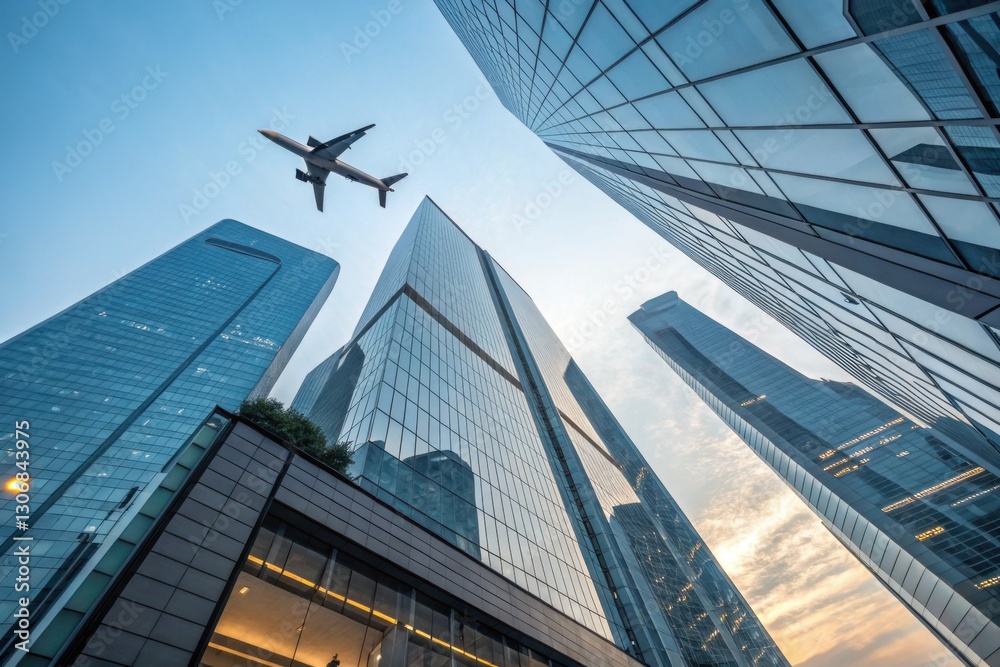 Fototapeta premium A stunning worm's-eye view of an airplane taking off above a city filled with high-rise office buildings.