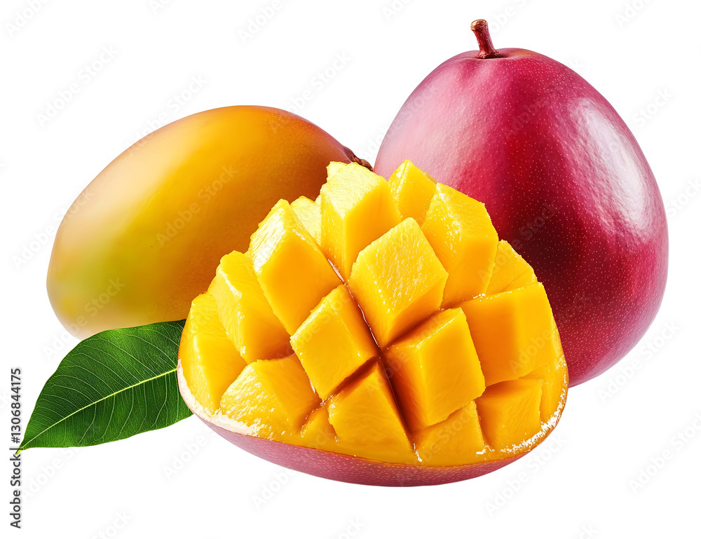 Ripe cut mango with green leaf. Isolated on a transparent background. KI. Ripe cut mango with green leaf. Isolated on a transparent background. KI.